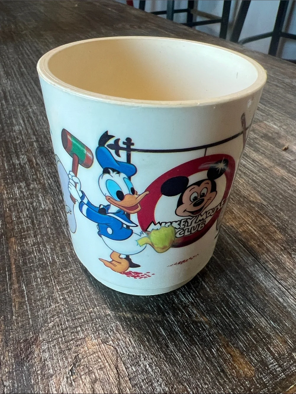 Vintage 1970’s Disney White Plastic Mug with Donald Duck and Red Mickey Logo